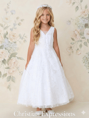 A Line Beaded Lace First Communion Dress with V Neck