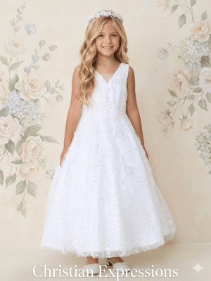 A Line Beaded Lace First Communion Dress with V Neck