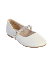Girls First Communion Shoes Leatherette Flats with Rhinestone and Pearl Strap