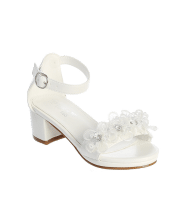 Girls First Communion Shoes Matte Block Heels with Flower Embellishment