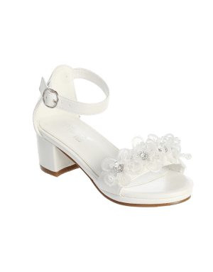 Girls First Communion Shoes Matte Block Heels with Flower Embellishment
