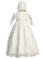 Girls Christening Dress with Embroidered Tulle and Long Sleeves