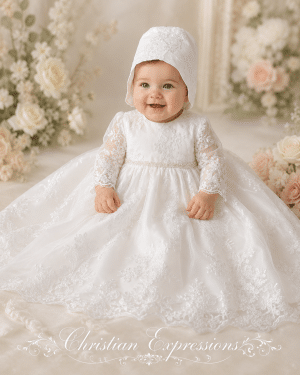 Embroidered Tulle Christening Gown with Sleeves