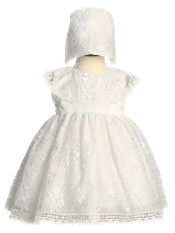 Girls Short Christening dress with embroidered Tulle and Peter Pan Collar