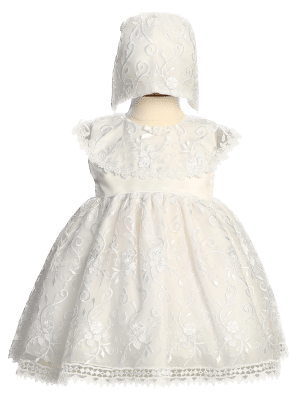 Girls Short Christening dress with embroidered Tulle and Peter Pan Collar