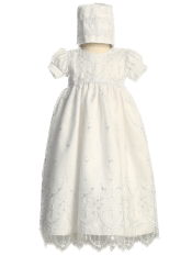 Girls Christening Gown with Tulle Embroidered Crosses