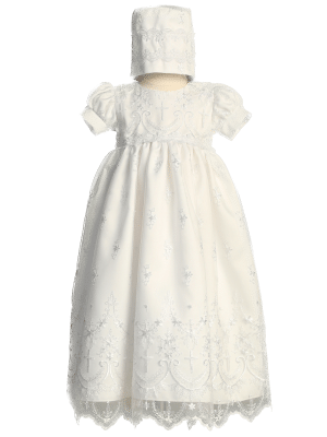 Girls Christening Gown with Tulle Embroidered Crosses