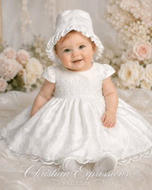 Girls Christening Dress with Embroidered Organza and Cross Design