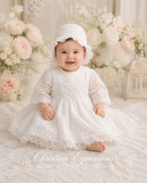Short Lace Christening Dress with Embroidered Appliqués With Sleeves