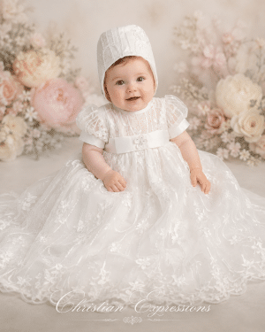Girls Embroidered Tulle Christening Gown with Sequins