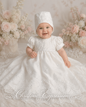 Girls Christening Gown with Tulle Embroidered Crosses