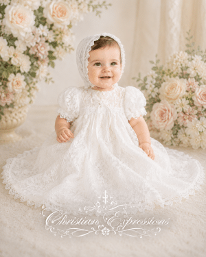 Girls Lace Yoke Christening Dress with Bonnet