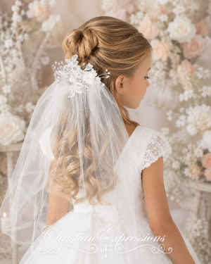 First Communion Comb Veil Organza flowers with pearls & rhinestones