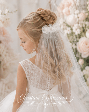 First Communion Comb Veil with Organza Flowers with Pearls
