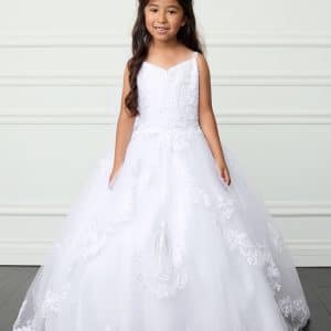 First Communion Dress Our Lady of Guadalupe Double Spaghetti Strap Lace  Bodice with Split Skirt - FirstCommunions.com