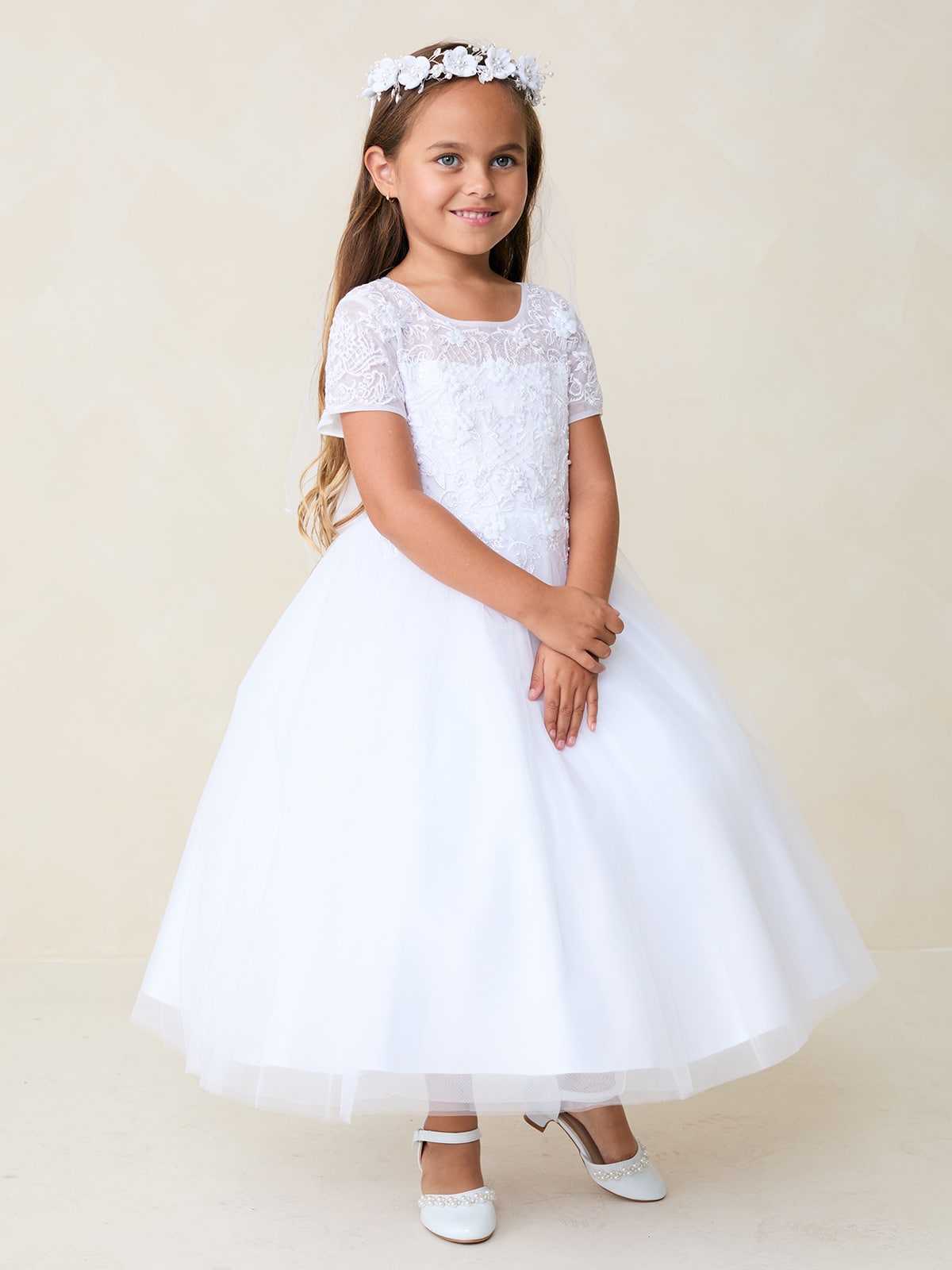 First Communion Dress Short Sleeved Illusion Neckline 2 First Communion Dress Short Sleeved Illusion Neckline - Image 2