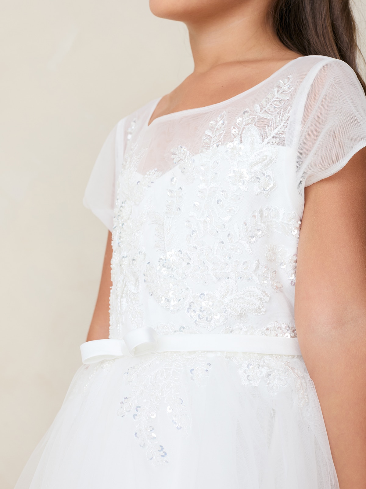 First Communion Dress Illusion Neckline Bodice with Lace and Sequin Applique 5 First Communion Dress Illusion Neckline Bodice with Lace and Sequin Applique - Image 5
