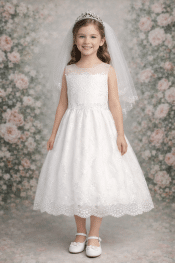 Girls Embroidered First Communion Dress with Tulle and Sheer Neckline
