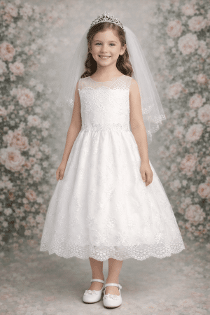 Girls Embroidered First Communion Dress with Tulle and Sheer Neckline