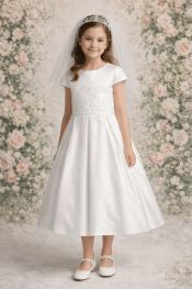 Girls Satin First Communion Dress with Embroidered Tulle and Sequins