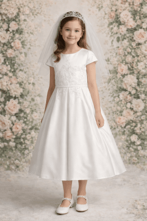 Girls Satin First Communion Dress with Embroidered Tulle and Sequins
