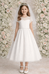 Embroidered First Communion Dress with Tulle and Sequins