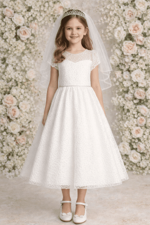 Embroidered First Communion Dress with Tulle and Sequins