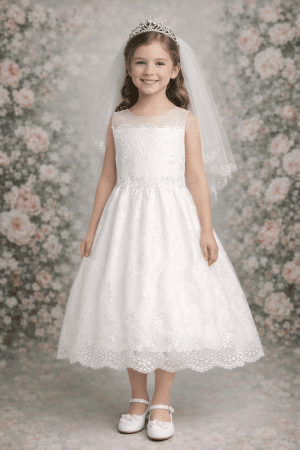 Embroidered First Communion Dress with Tulle and Sheer Neckline