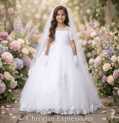 First Communion Dress Our Lady of Guadalupe Short Sleeves Organza Lace Bodice