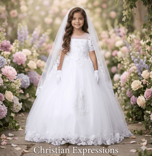 First Communion Dress Our Lady of Guadalupe Short Sleeves Organza Lace Bodice