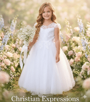 First Communion Dress with Cap sleeved illusion neckline