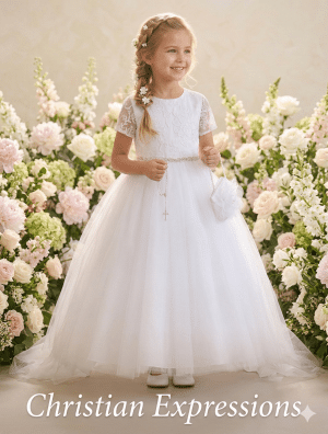 Short Sleeve First Communion Dress Floral Embroidery Bodice with Rhinestone Waist