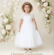 First Communion Dress Short Sleeved Illusion Neckline