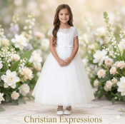 First Communion Dress Illusion Neckline Bodice with Lace and Sequin Applique