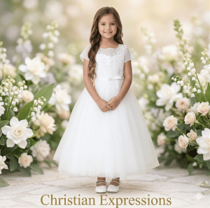 First Communion Dress Illusion Neckline Bodice with Lace and Sequin Applique