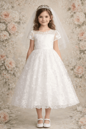 First Communion Dress Embroidered Floral