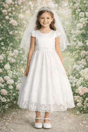 First Communion Dress with Satin Bodice and Embroidered Tulle Skirt