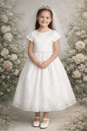 Girls Short Sleeve Satin Bodice First Communion Dress