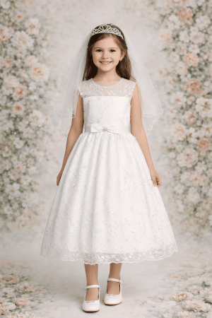 Sleeveless First Communion Dress With Satin Bow