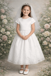 Plus Size First Communion Dress Short Sleeves Satin Bodice