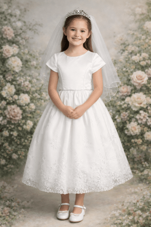Plus Size First Communion Dress Short Sleeves Satin Bodice