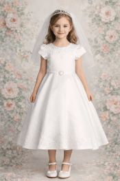 Satin First Communion Dress with Short Sleeves and Embroidered Flower Trim