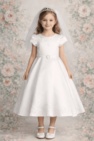 Satin First Communion Dress with Short Sleeves and Embroidered Flower Trim