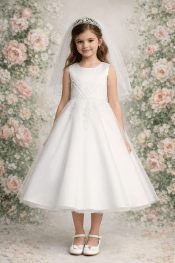 First Communion Dress with Embroidered Lace and Rhinestone Trim