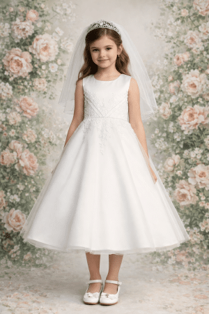 First Communion Dress with Embroidered Lace and Rhinestone Trim