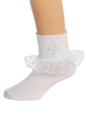 Girls First Communion Socks  with Lace and Cross