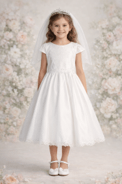 First Communion Dress with Embroidered Tulle Bodice and Satin Skirt
