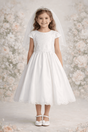 First Communion Dress with Embroidered Tulle Bodice and Satin Skirt