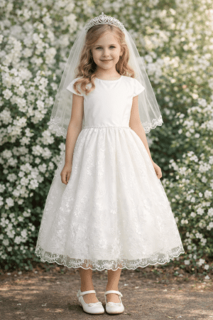 First Communion Dress with Corded Embroidered Skirt