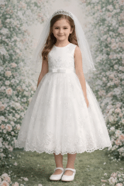 First Communion Dress Corded Embroidered Tulle with Sequins